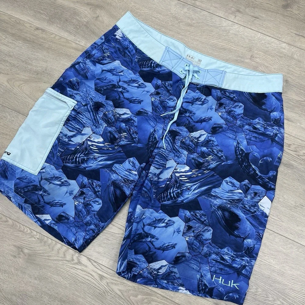 Huk Fishing Blue Board Short Swim Trunks Men's Sz 38 Sailfish Boat Ocean